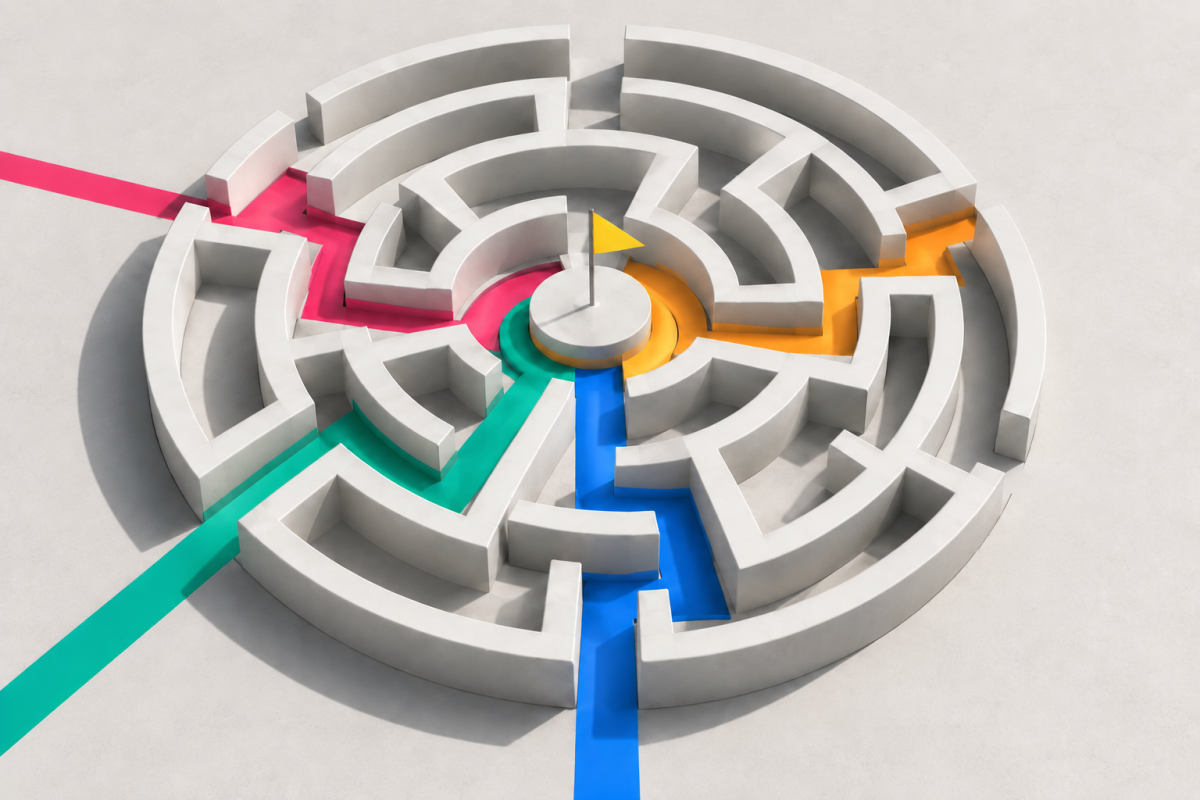 Labyrinth mit mehreren farbigen Wegen, die zu einem gemeinsamen Ziel führen.