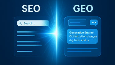 SEO vs. GEO: Googlesuchleiste wird der klassischen KI-Oberfläche gegenübergestellt.